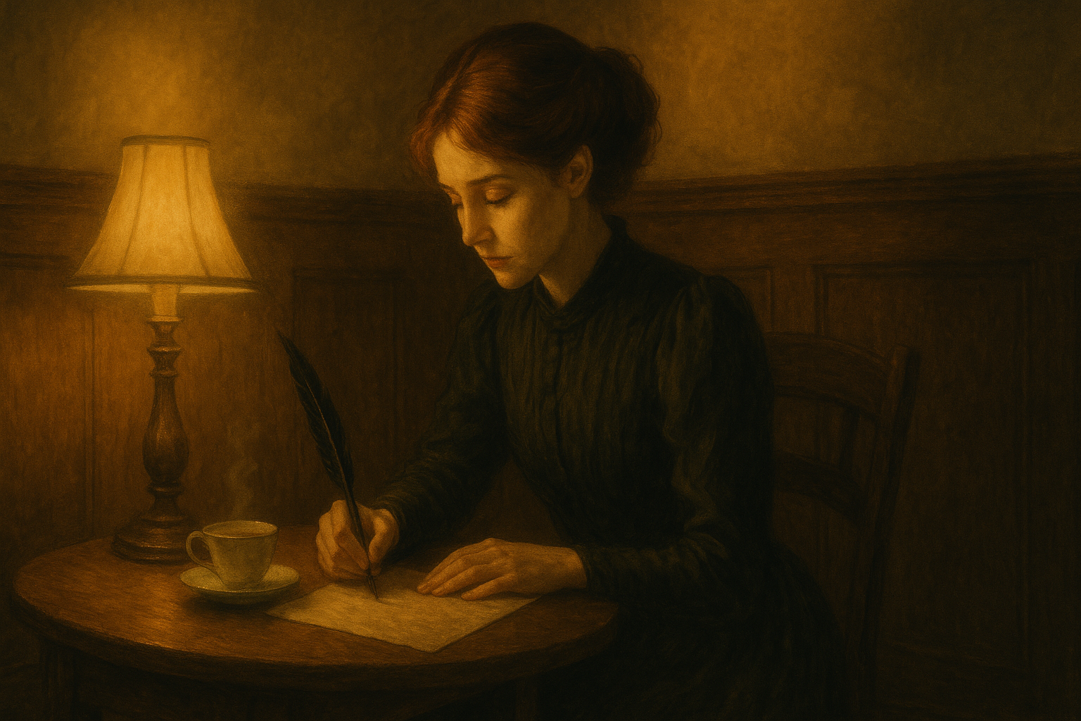 Clara writing at a tea table