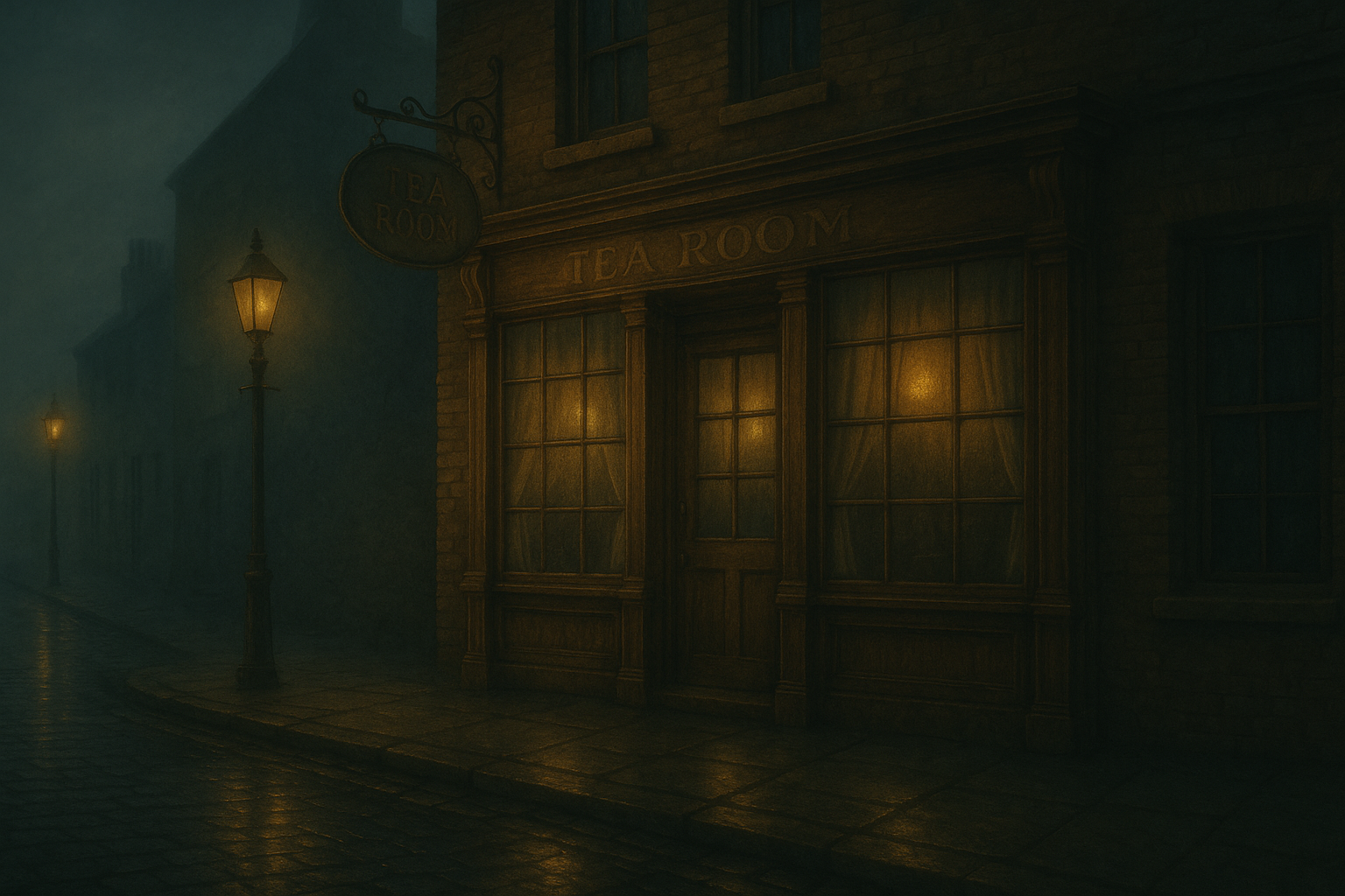 London tea room at dusk